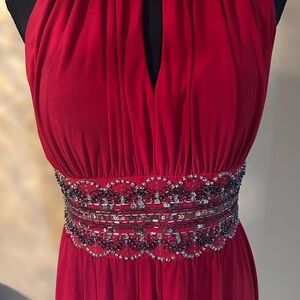 R & M Richards Red Beaded Waist Prom Dress